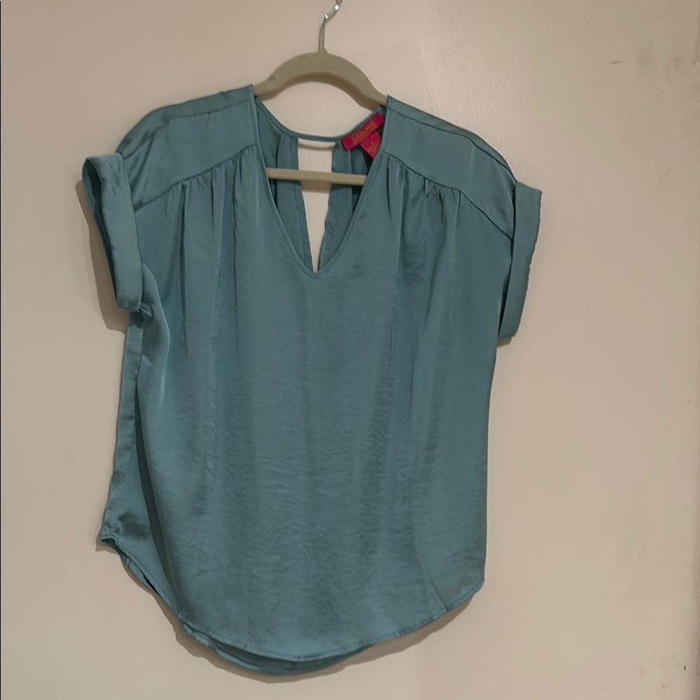 Catherine Malandrino Relaxed Green and Blue Blouse with Cuffed Sleeves